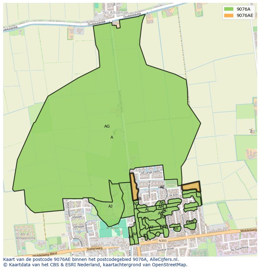 Afbeelding van het postcodegebied 9076 AE op de kaart.