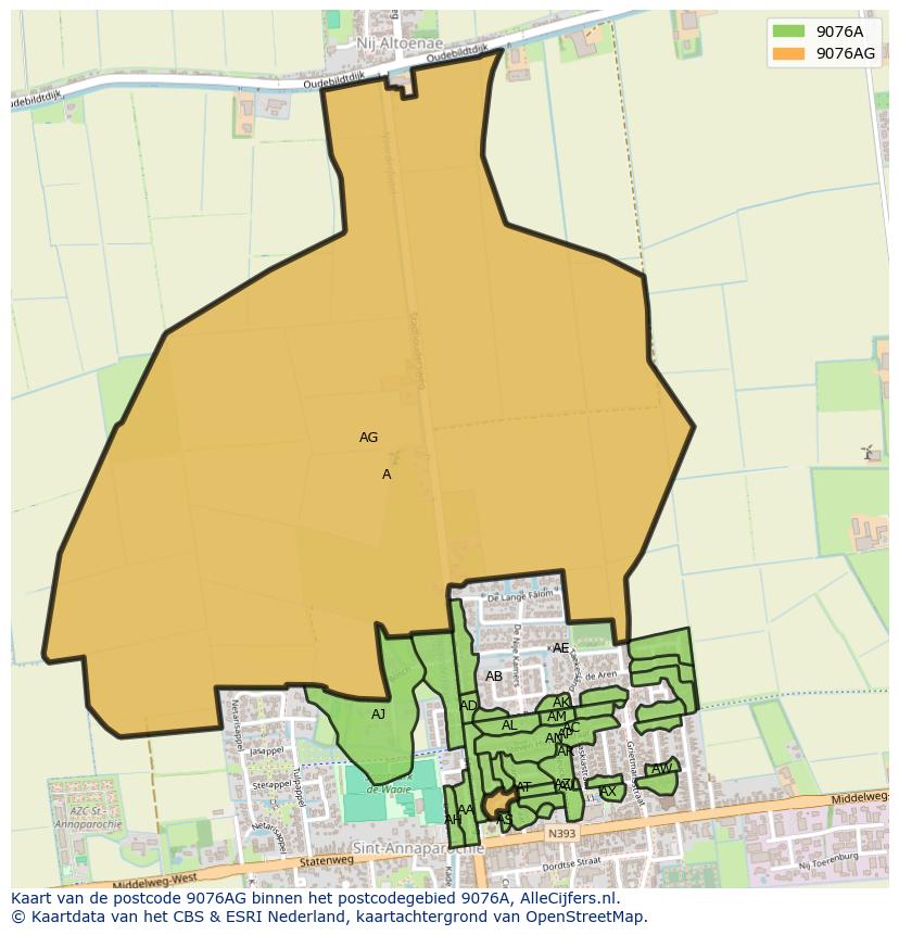 Afbeelding van het postcodegebied 9076 AG op de kaart.