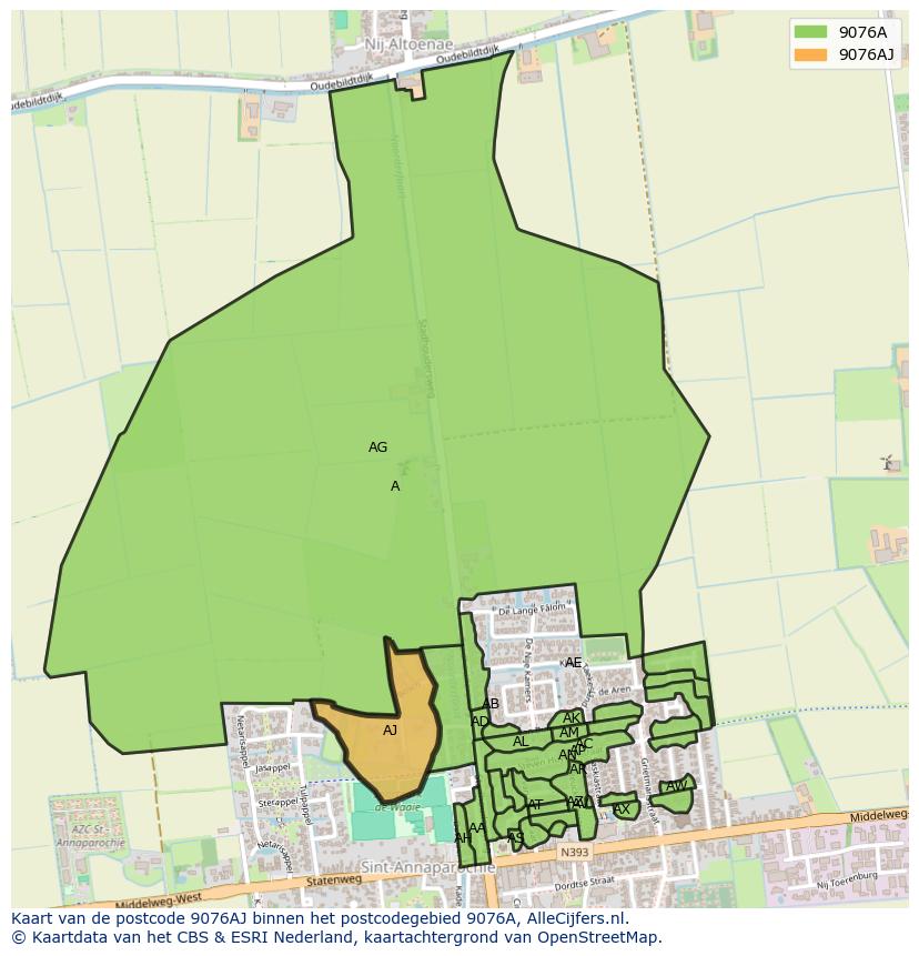 Afbeelding van het postcodegebied 9076 AJ op de kaart.