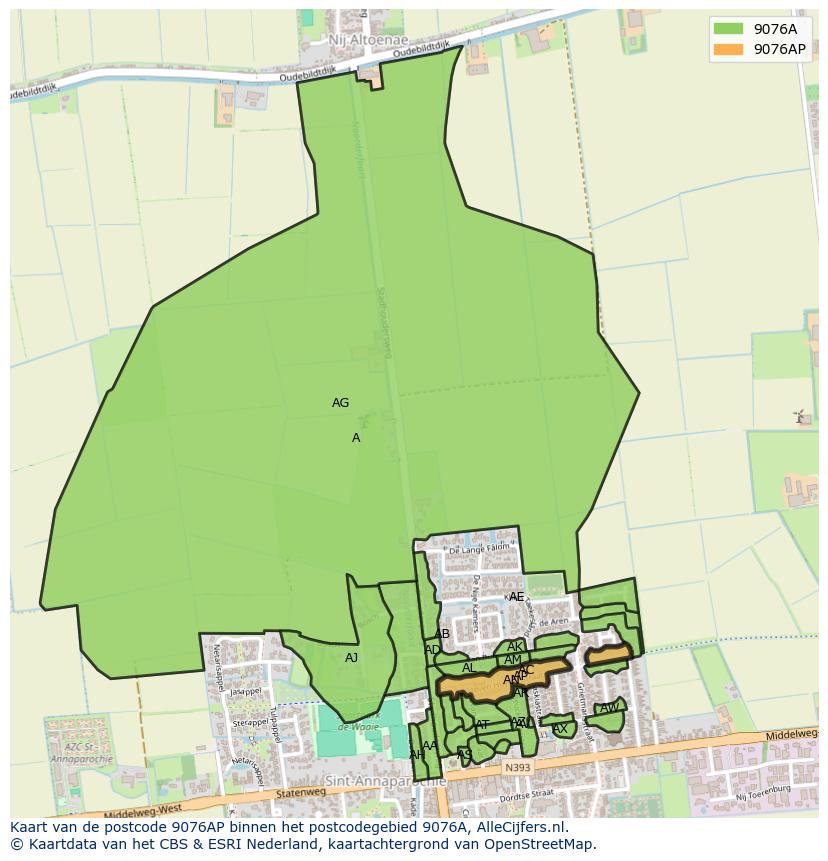 Afbeelding van het postcodegebied 9076 AP op de kaart.
