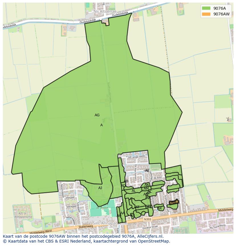 Afbeelding van het postcodegebied 9076 AW op de kaart.