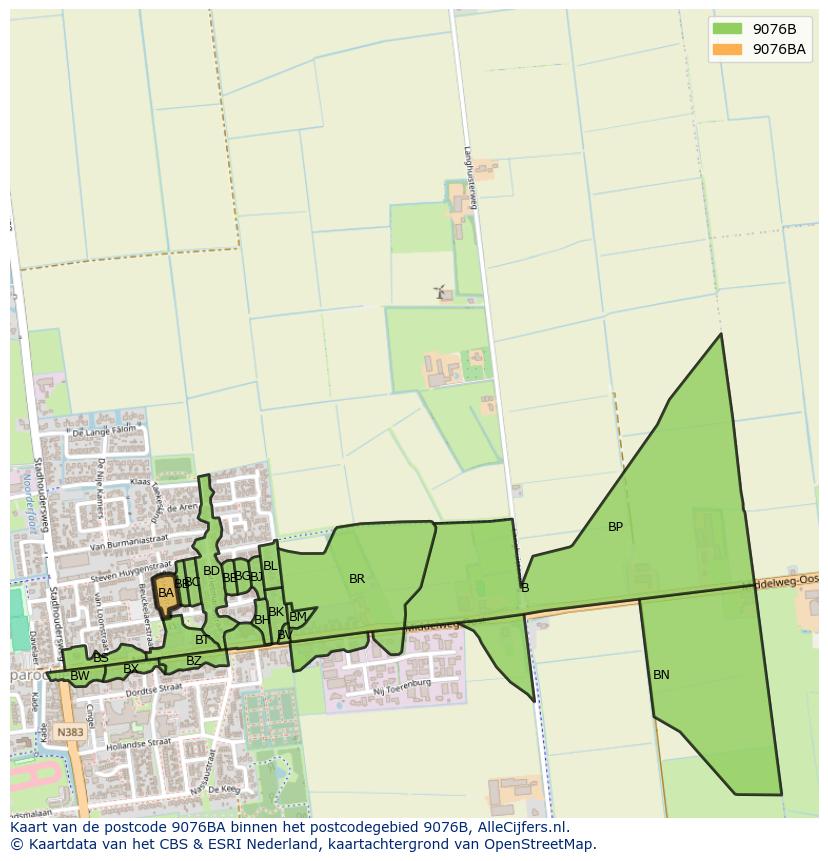 Afbeelding van het postcodegebied 9076 BA op de kaart.