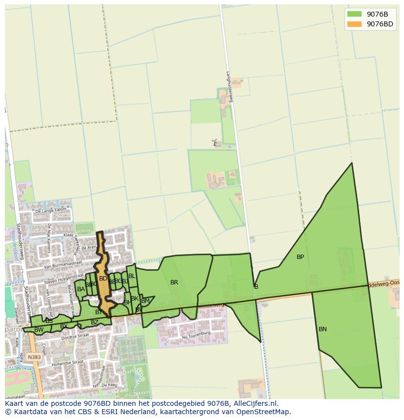 Afbeelding van het postcodegebied 9076 BD op de kaart.