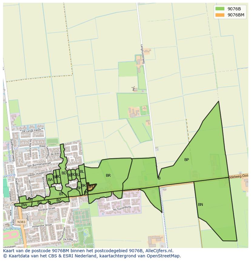 Afbeelding van het postcodegebied 9076 BM op de kaart.