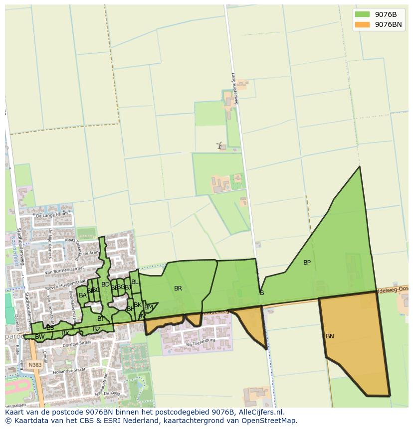 Afbeelding van het postcodegebied 9076 BN op de kaart.