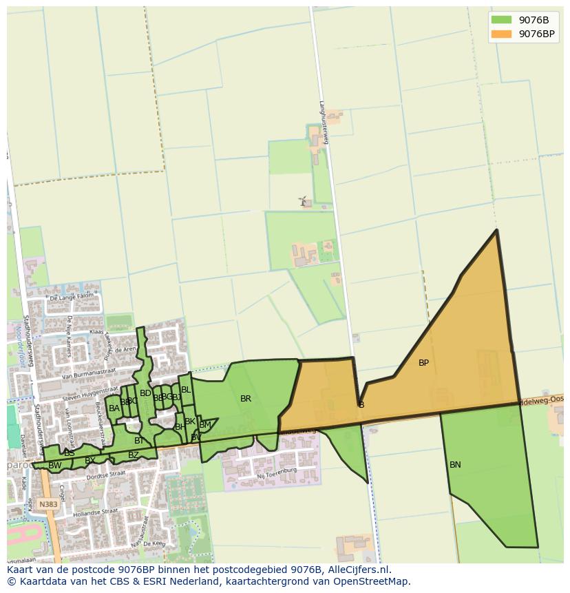 Afbeelding van het postcodegebied 9076 BP op de kaart.