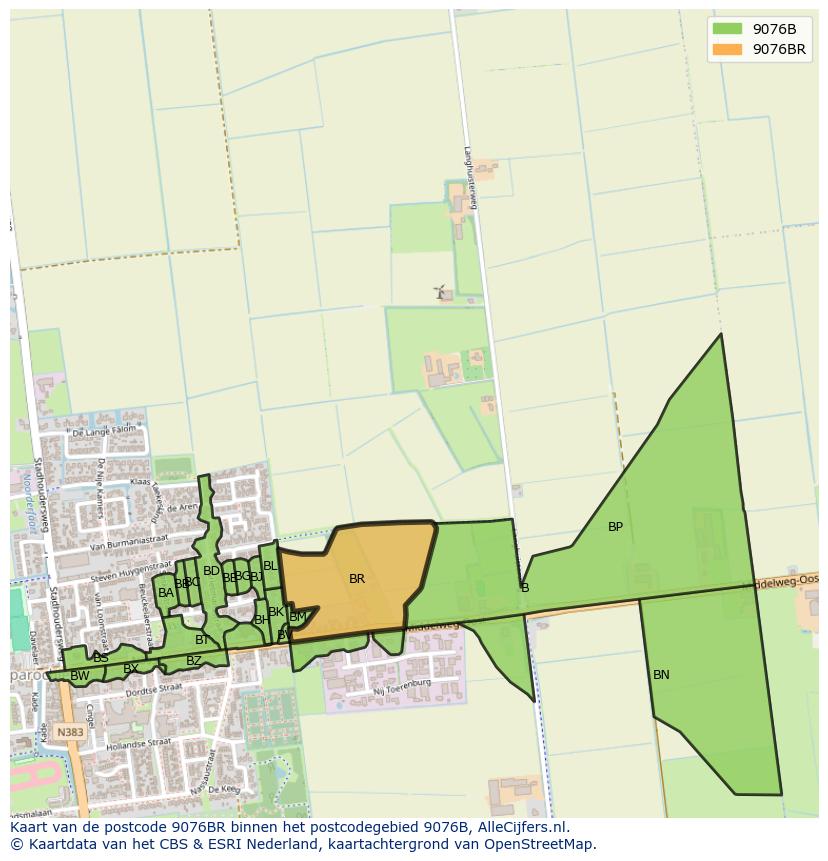 Afbeelding van het postcodegebied 9076 BR op de kaart.