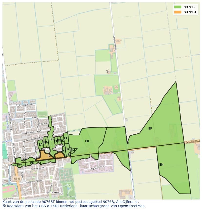 Afbeelding van het postcodegebied 9076 BT op de kaart.