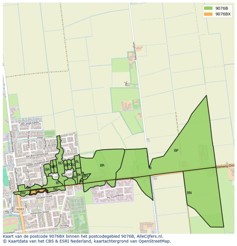 Afbeelding van het postcodegebied 9076 BX op de kaart.