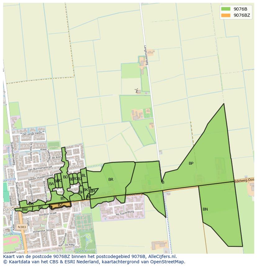 Afbeelding van het postcodegebied 9076 BZ op de kaart.