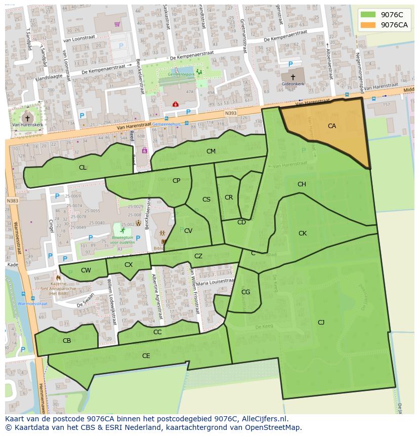 Afbeelding van het postcodegebied 9076 CA op de kaart.