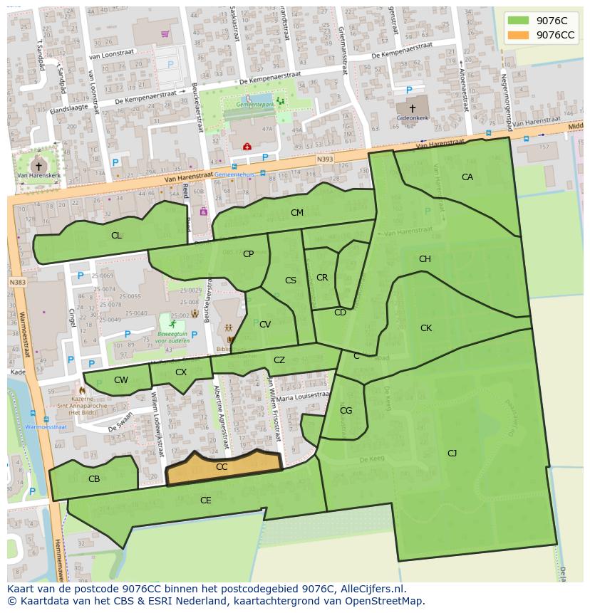 Afbeelding van het postcodegebied 9076 CC op de kaart.