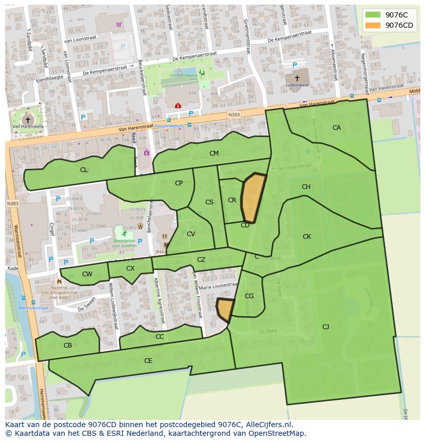 Afbeelding van het postcodegebied 9076 CD op de kaart.