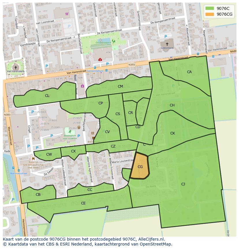 Afbeelding van het postcodegebied 9076 CG op de kaart.
