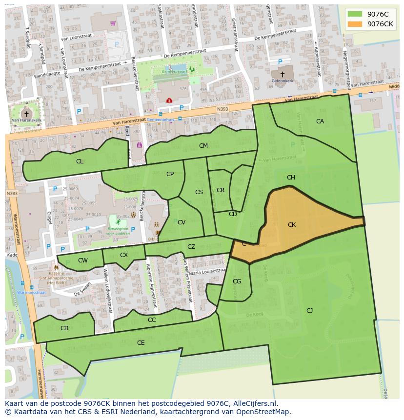 Afbeelding van het postcodegebied 9076 CK op de kaart.