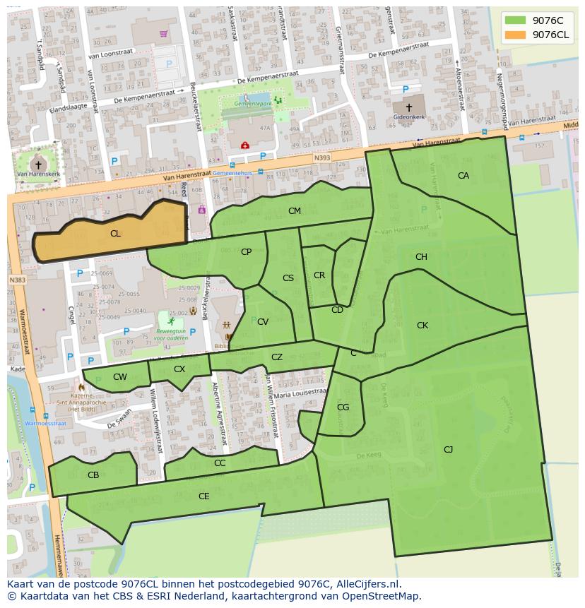 Afbeelding van het postcodegebied 9076 CL op de kaart.