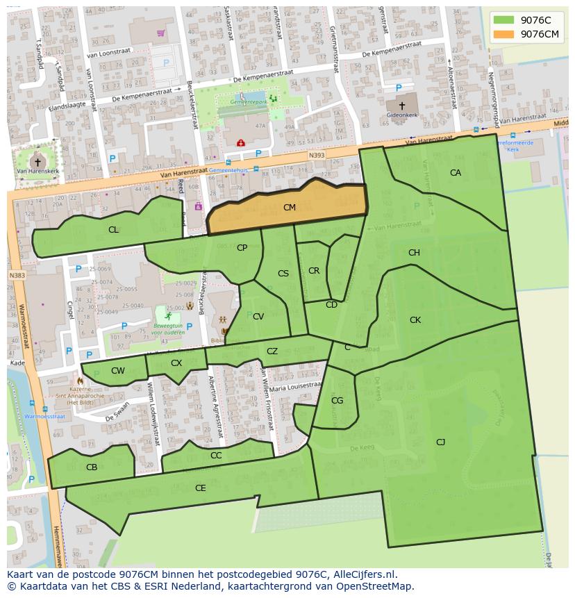 Afbeelding van het postcodegebied 9076 CM op de kaart.
