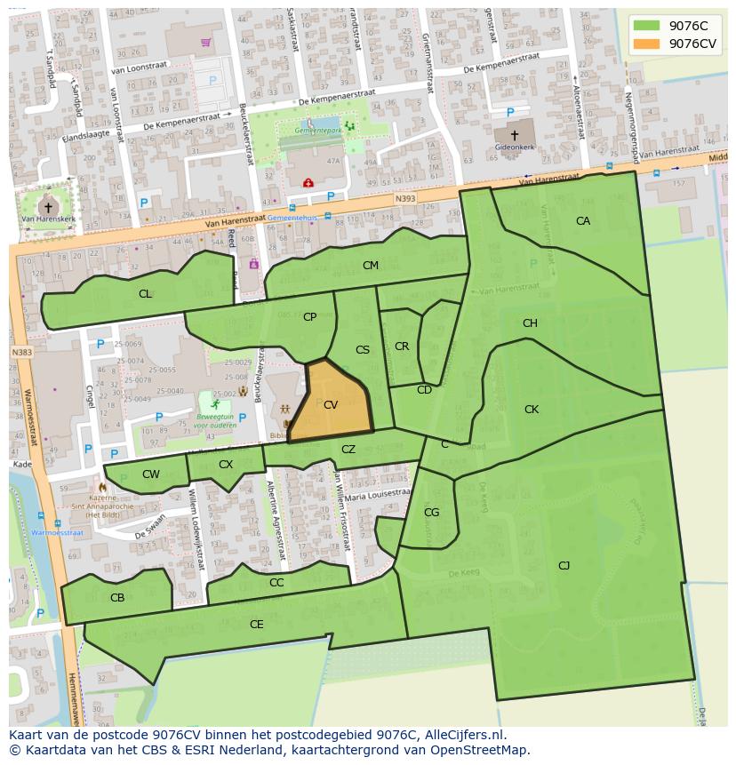 Afbeelding van het postcodegebied 9076 CV op de kaart.