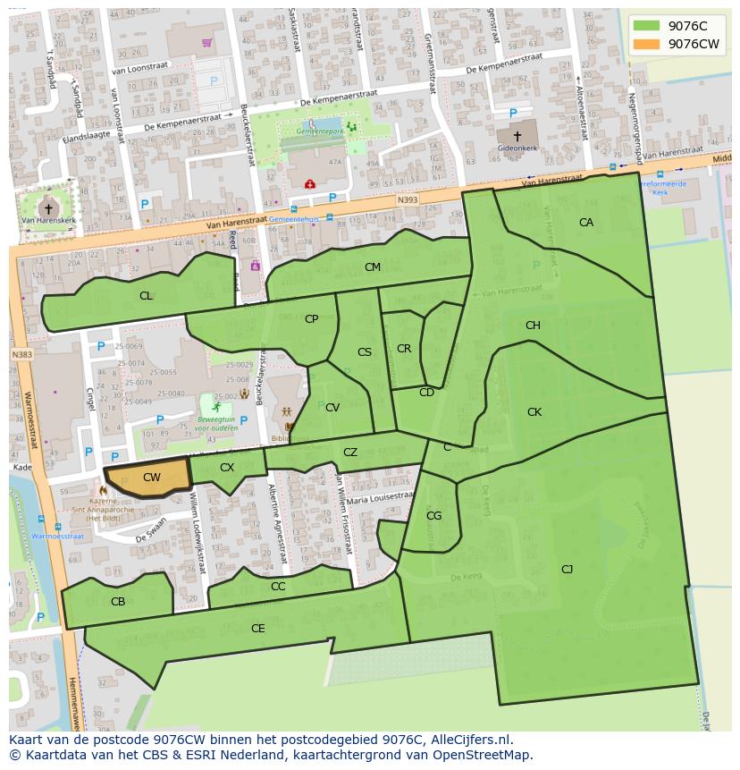Afbeelding van het postcodegebied 9076 CW op de kaart.