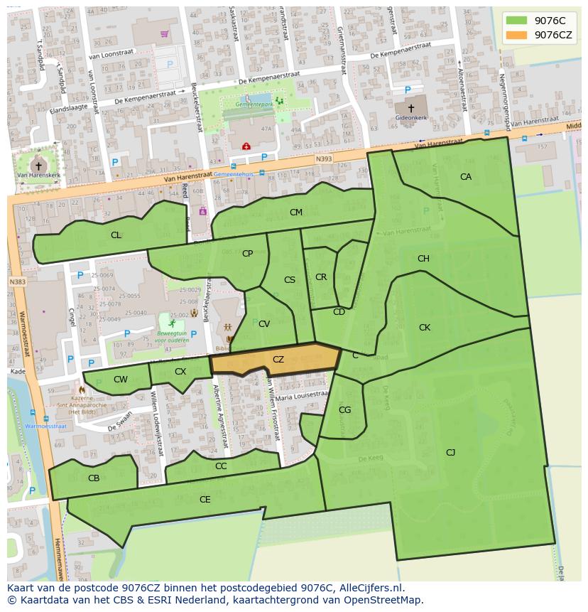 Afbeelding van het postcodegebied 9076 CZ op de kaart.