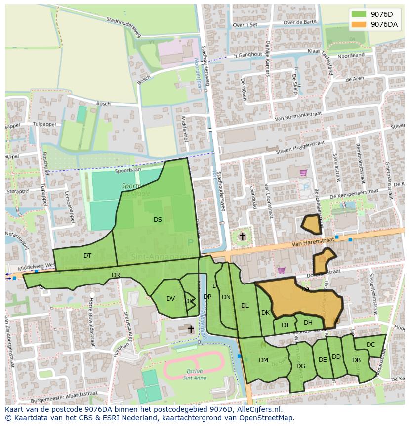 Afbeelding van het postcodegebied 9076 DA op de kaart.