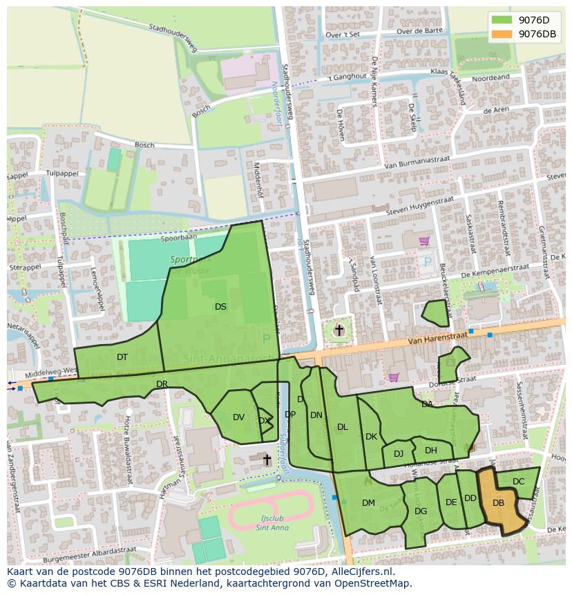 Afbeelding van het postcodegebied 9076 DB op de kaart.