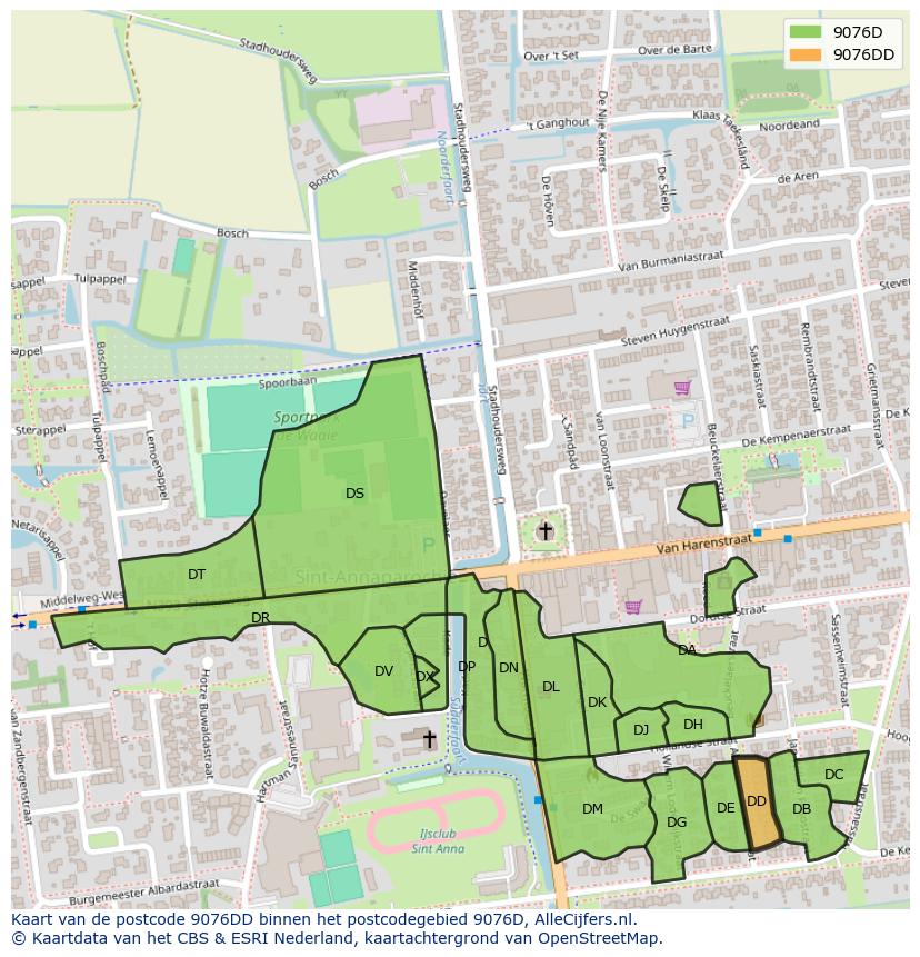 Afbeelding van het postcodegebied 9076 DD op de kaart.