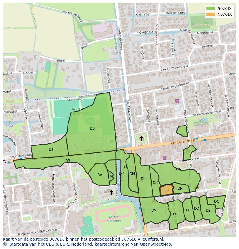 Afbeelding van het postcodegebied 9076 DJ op de kaart.