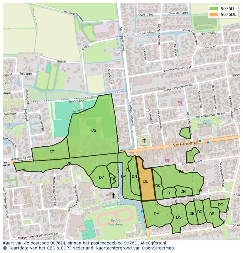 Afbeelding van het postcodegebied 9076 DL op de kaart.