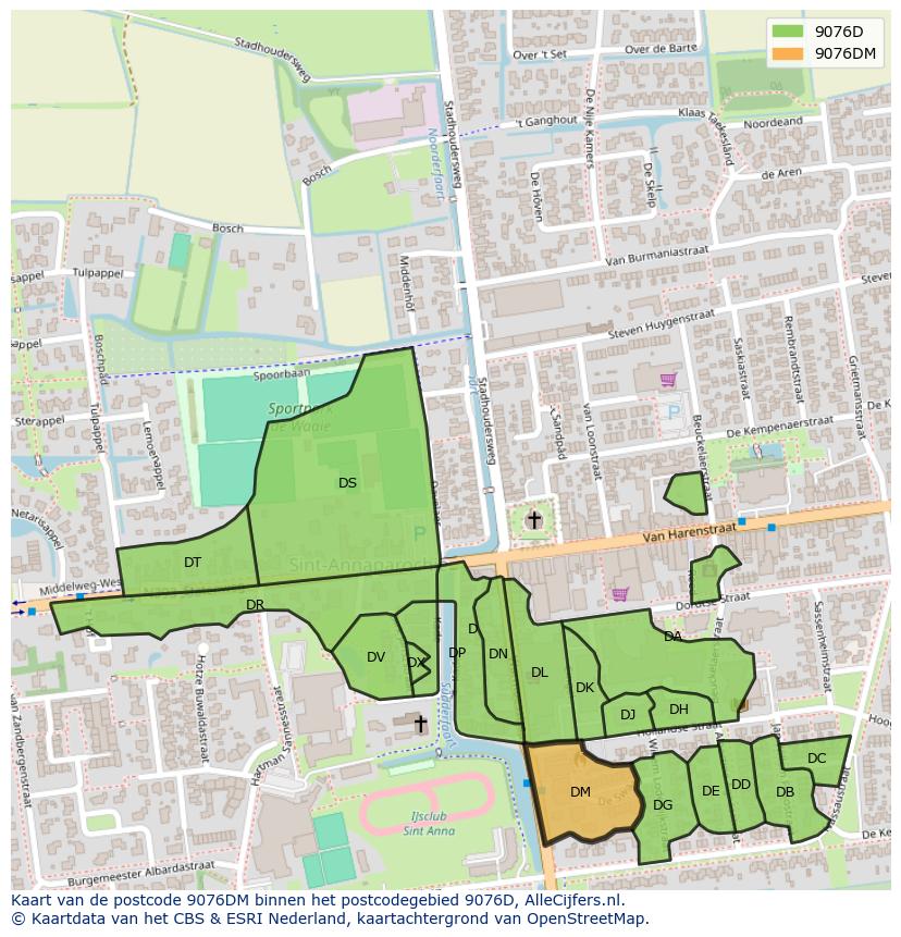Afbeelding van het postcodegebied 9076 DM op de kaart.