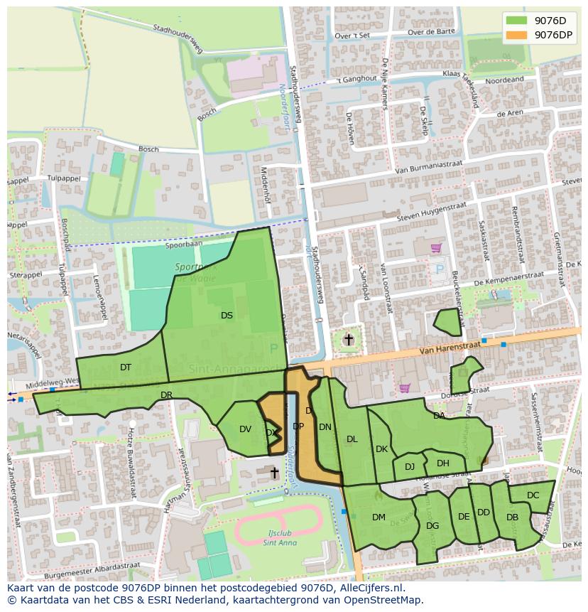 Afbeelding van het postcodegebied 9076 DP op de kaart.