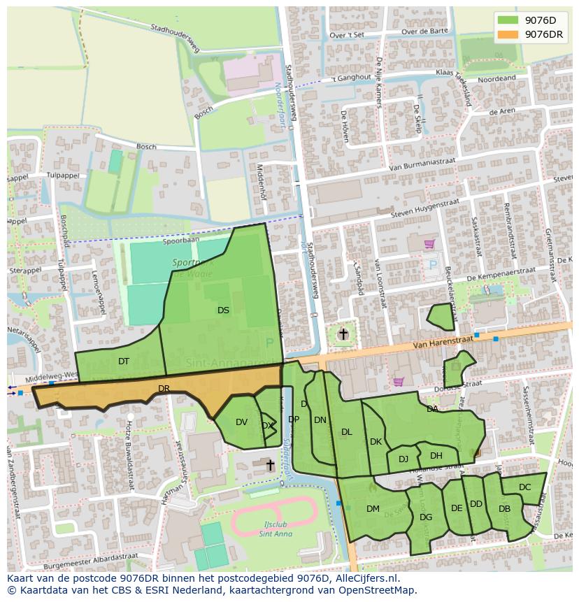 Afbeelding van het postcodegebied 9076 DR op de kaart.