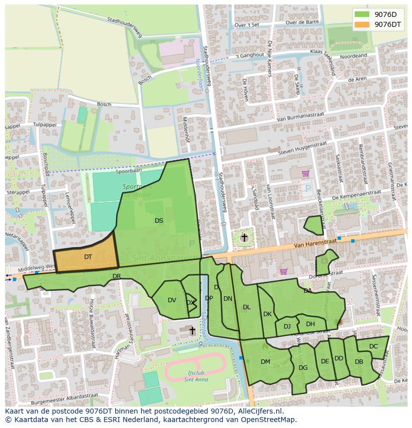 Afbeelding van het postcodegebied 9076 DT op de kaart.