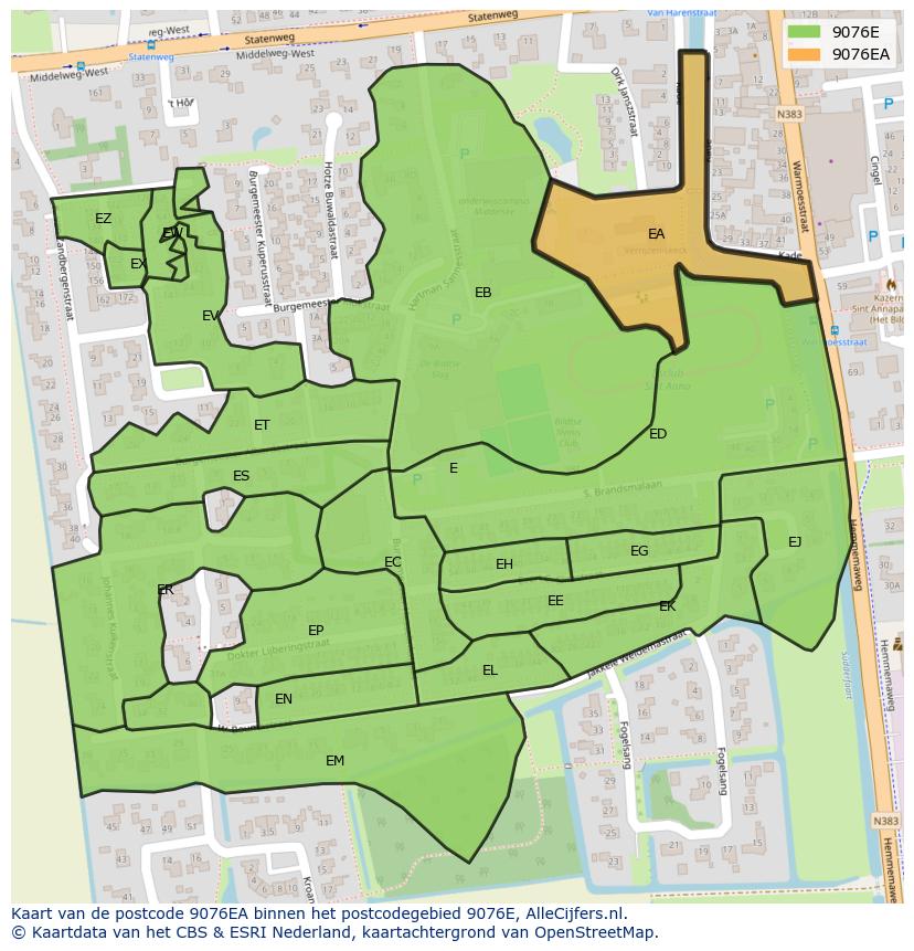 Afbeelding van het postcodegebied 9076 EA op de kaart.