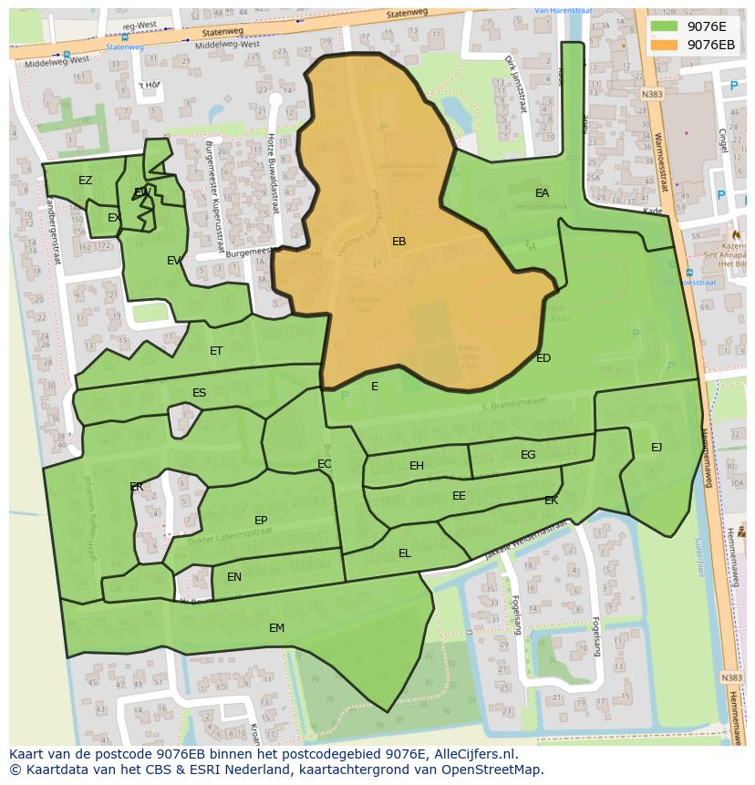 Afbeelding van het postcodegebied 9076 EB op de kaart.