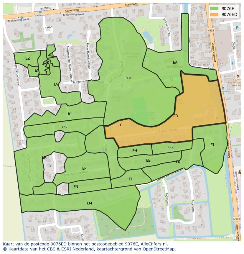Afbeelding van het postcodegebied 9076 ED op de kaart.