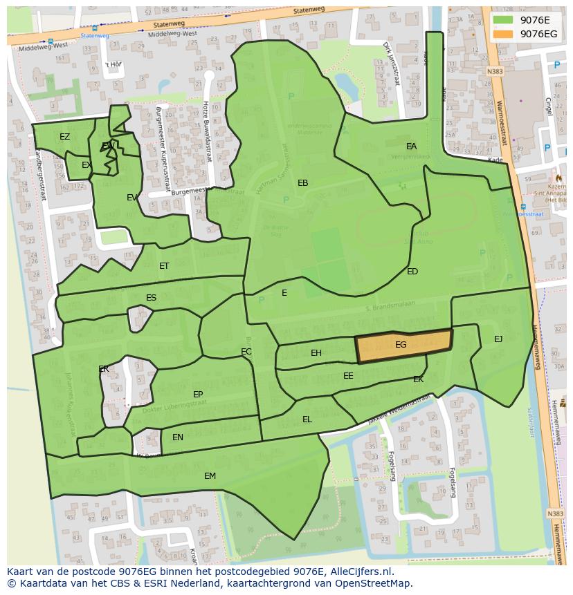 Afbeelding van het postcodegebied 9076 EG op de kaart.
