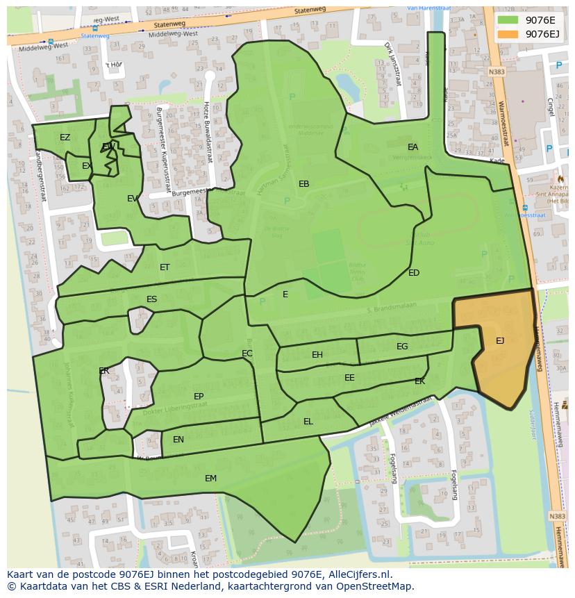 Afbeelding van het postcodegebied 9076 EJ op de kaart.