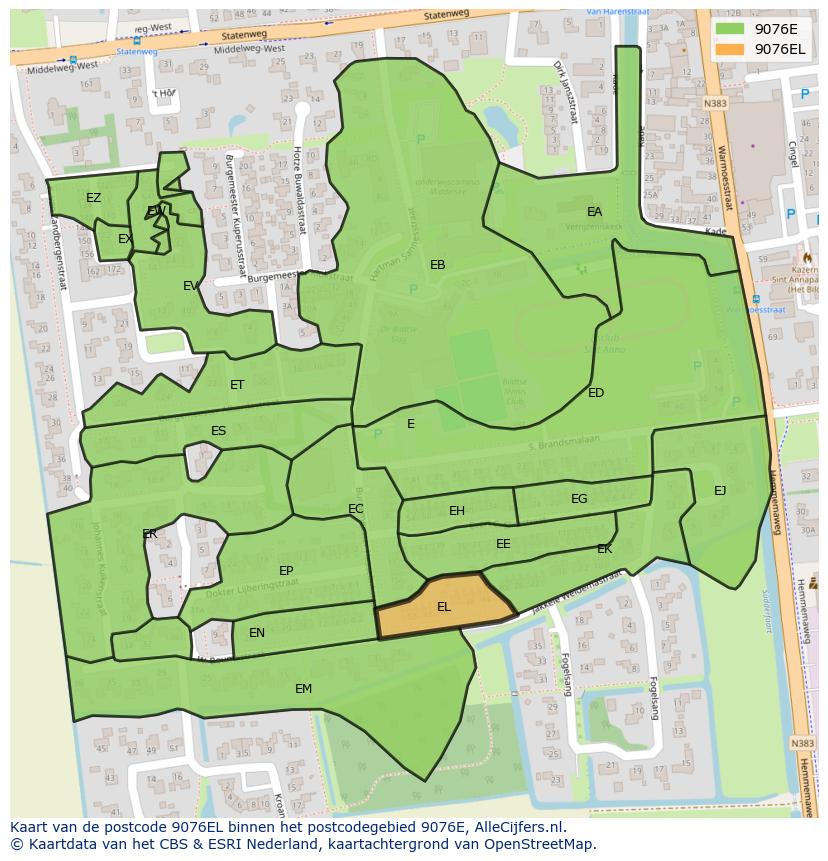 Afbeelding van het postcodegebied 9076 EL op de kaart.