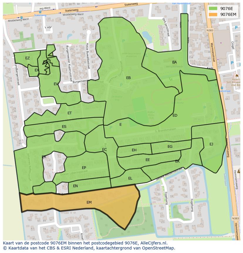 Afbeelding van het postcodegebied 9076 EM op de kaart.