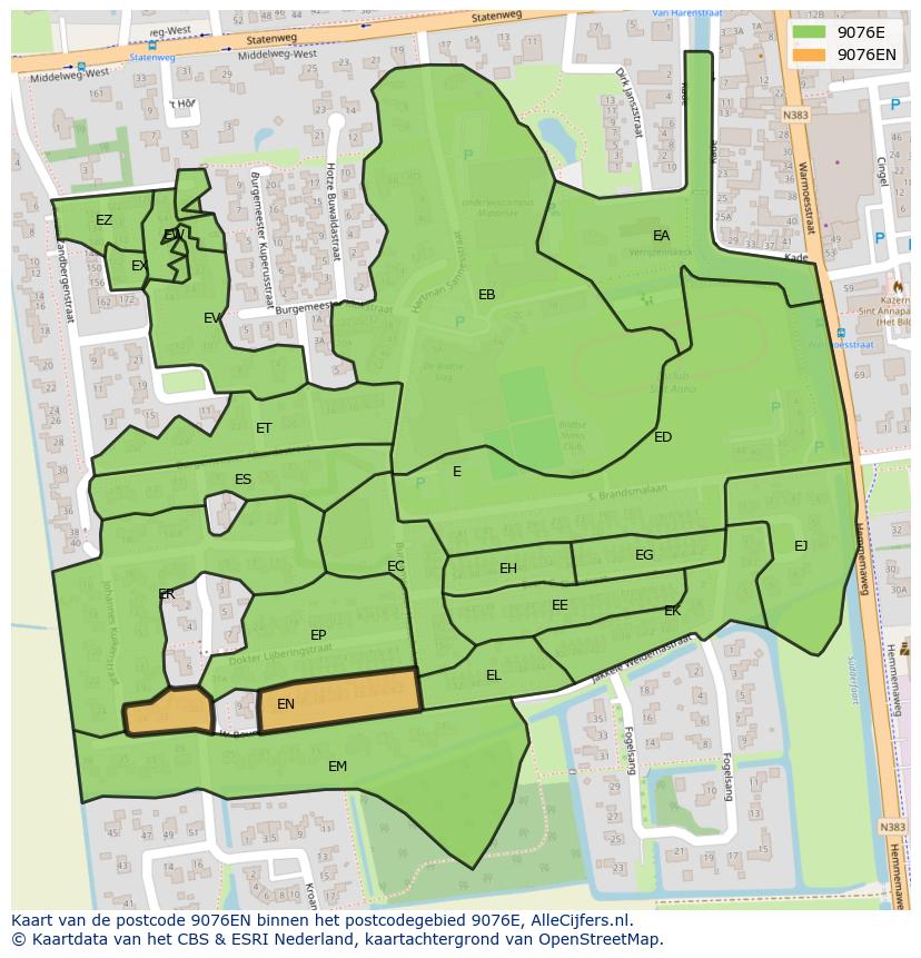 Afbeelding van het postcodegebied 9076 EN op de kaart.