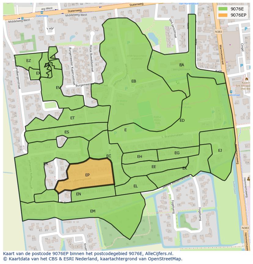 Afbeelding van het postcodegebied 9076 EP op de kaart.