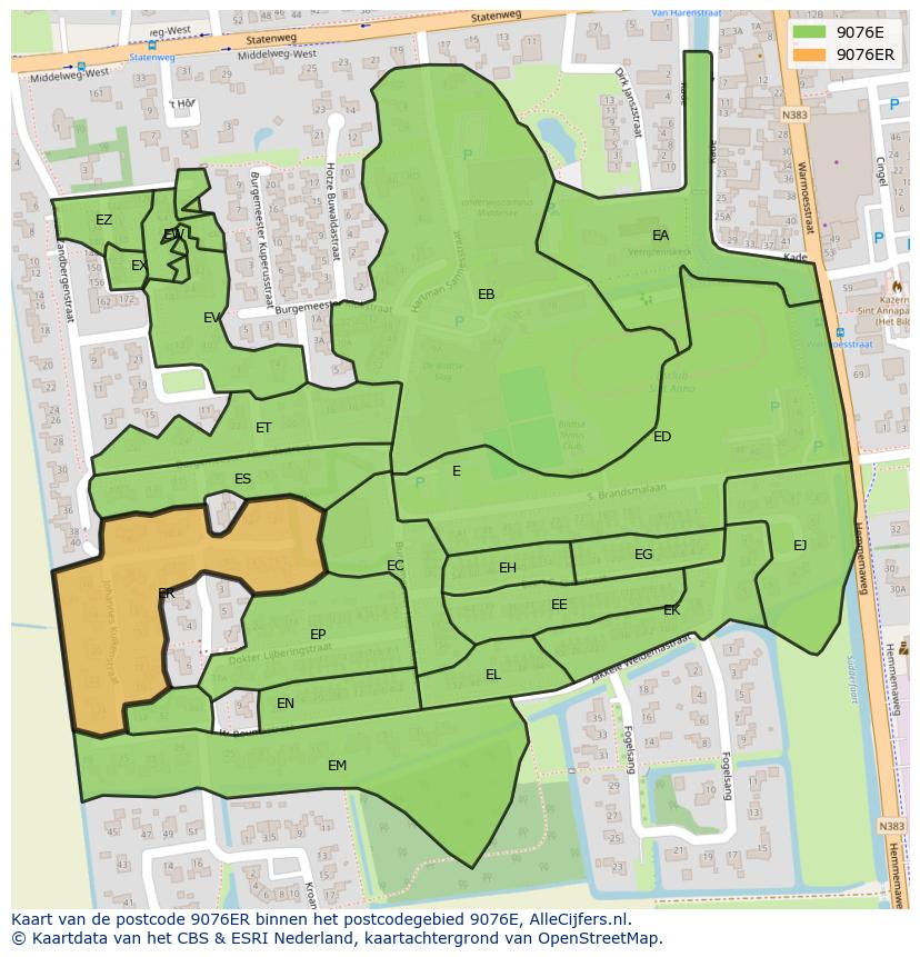 Afbeelding van het postcodegebied 9076 ER op de kaart.