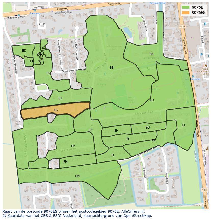 Afbeelding van het postcodegebied 9076 ES op de kaart.