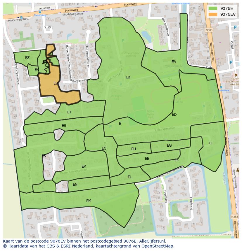 Afbeelding van het postcodegebied 9076 EV op de kaart.