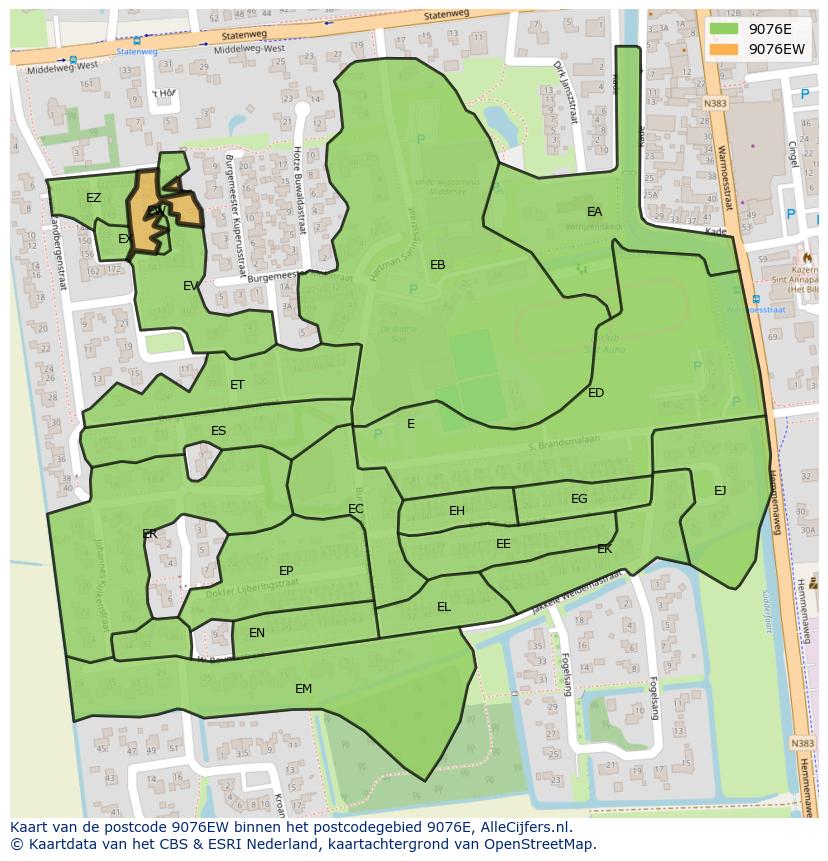 Afbeelding van het postcodegebied 9076 EW op de kaart.
