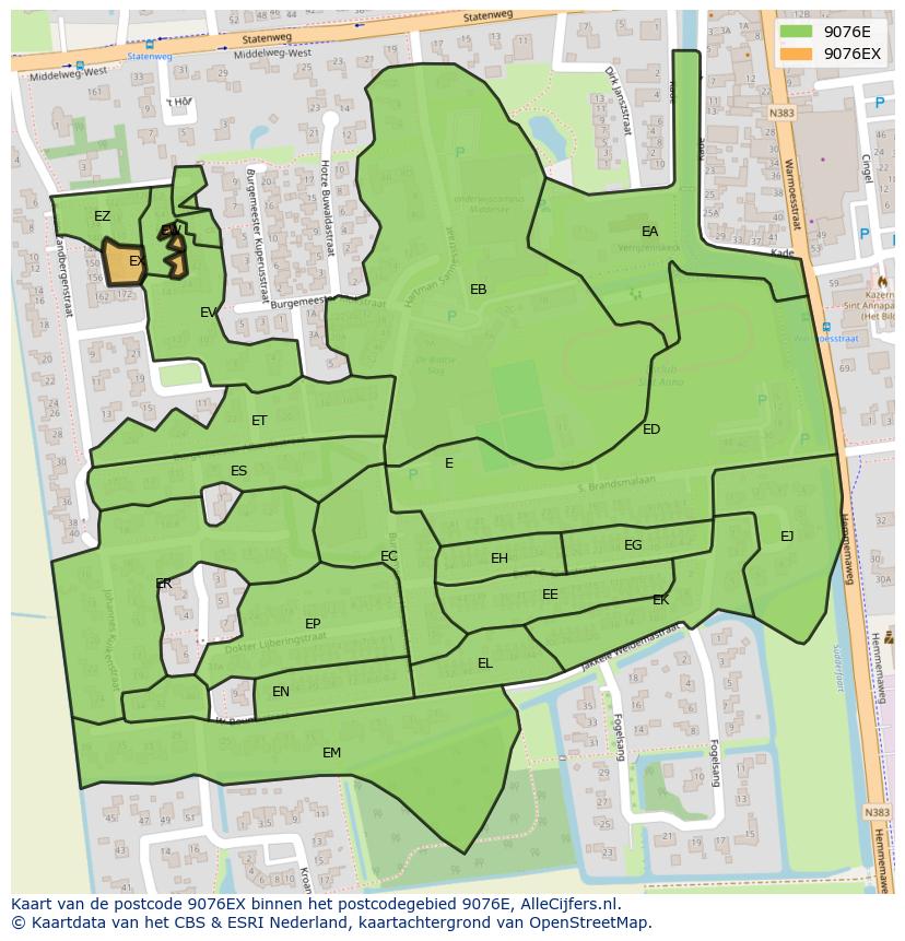 Afbeelding van het postcodegebied 9076 EX op de kaart.