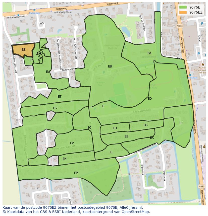 Afbeelding van het postcodegebied 9076 EZ op de kaart.