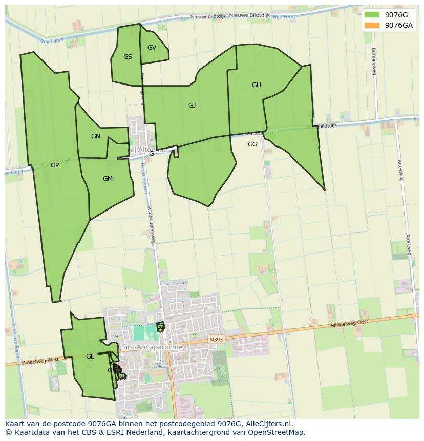 Afbeelding van het postcodegebied 9076 GA op de kaart.