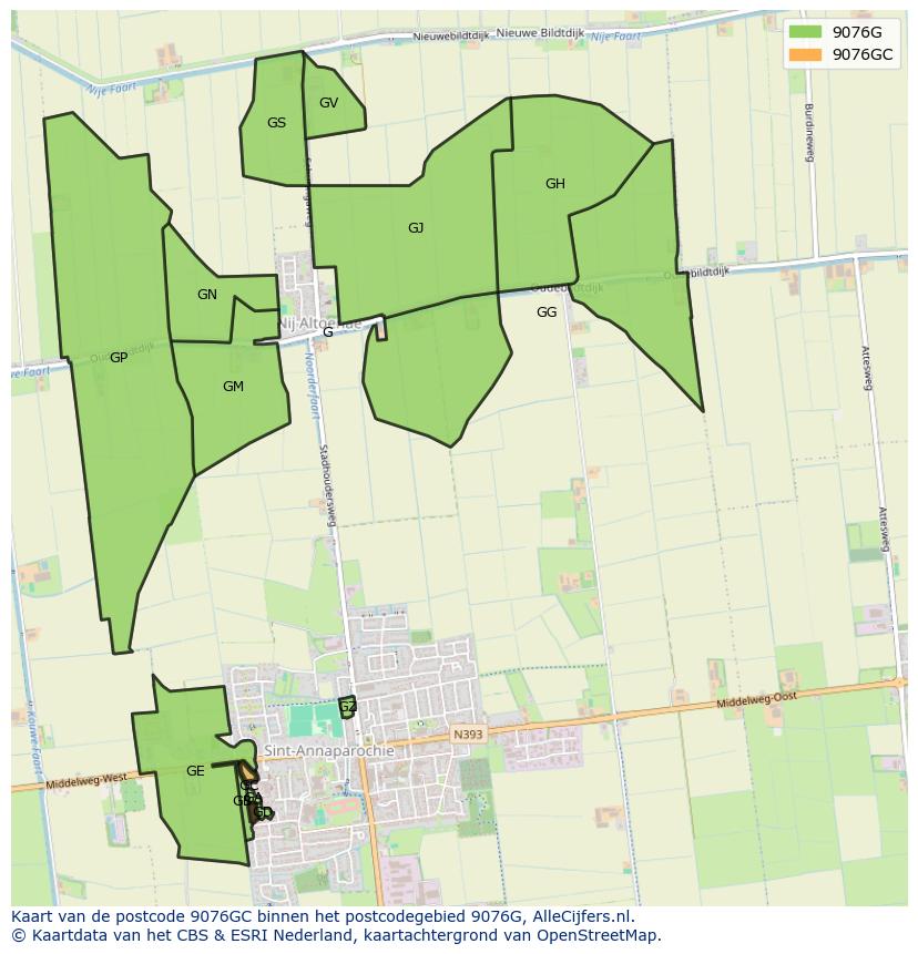 Afbeelding van het postcodegebied 9076 GC op de kaart.